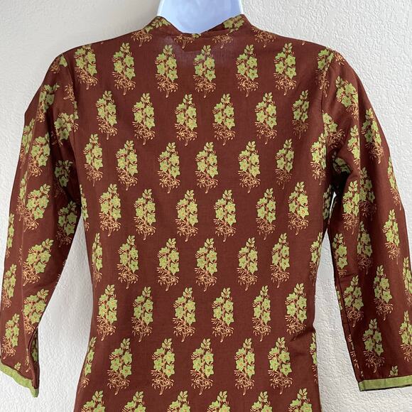 Biba Brown Floral Indian Tunic Top 100% Cotton Split V-Neck 32/US 0-2 NWT - Picture 8 of 14